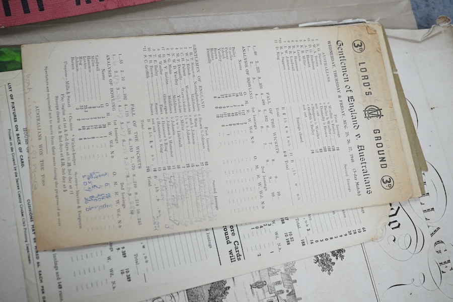 Sporting mostly cricketing ephemera, including a red Grand Prix 1948 pit attendant ticket, ticket 22cm wide. Condition - mixed poor to fair